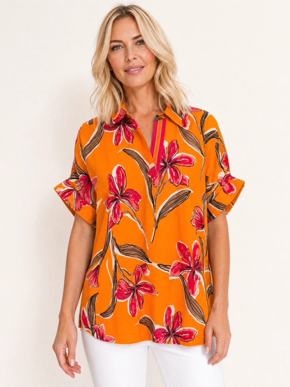 Multiples Floral Popover Blouse Large Orange Pink Tropical Print NWOT